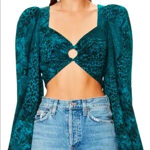 AFRM Teal and Black Snake Print Long Puff Sleeve Crop Top Size Medium